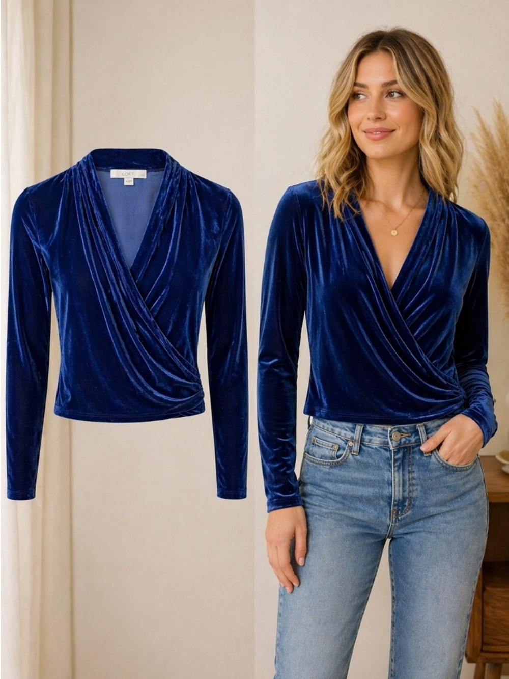 LOFT | Velvet Wrap Top Blue Long Sleeve Cropped | Petites Size XS Petite